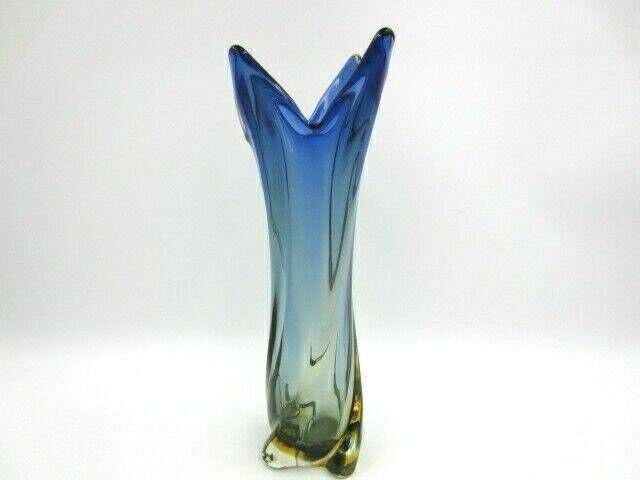 Czech Sommerso Ribbed And Twisted Leaf Vase Blues In Amber Collectible Glass photo for sale