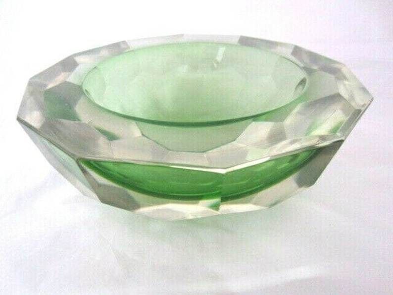 Murano Mandruzzato 25cm 6kg Green Sommerso Diamond Cut Art Glass Caviar Bowl Xxl