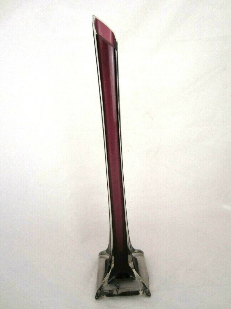 Stylish Mid Century Modern Tall Plum Colour Sommerso Art Glass Lily Vase 42cm photo for sale