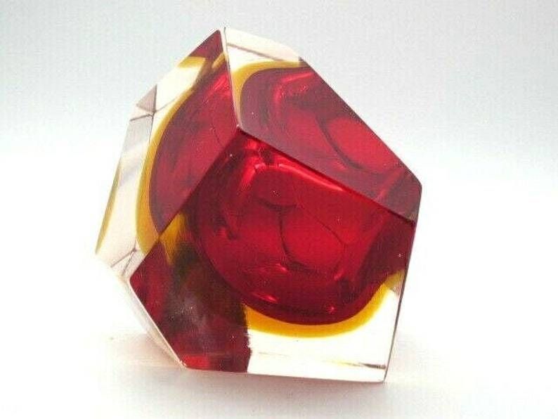 Murano Poli Seguso Era Diamond Sommerso Red And Amber In Pink Art Glass Bowl photo Home Decor