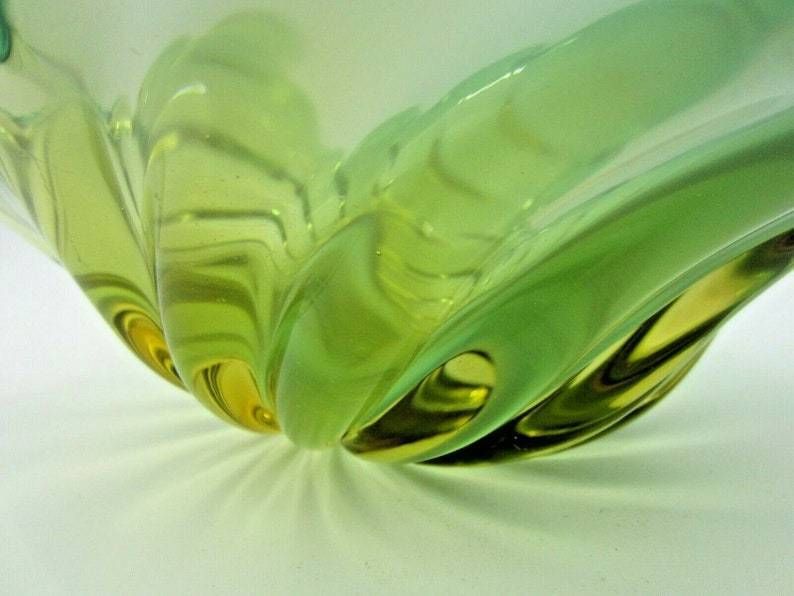 Murano Mid Century Green Opaline And Amber Leaf Bowl Barovier And Toso Italy photo for sale