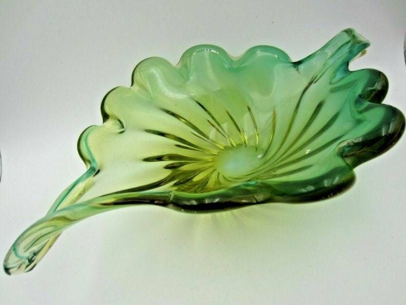 Murano Mid Century Green Opaline And Amber Leaf Bowl Barovier And Toso Italy photo Home Decor