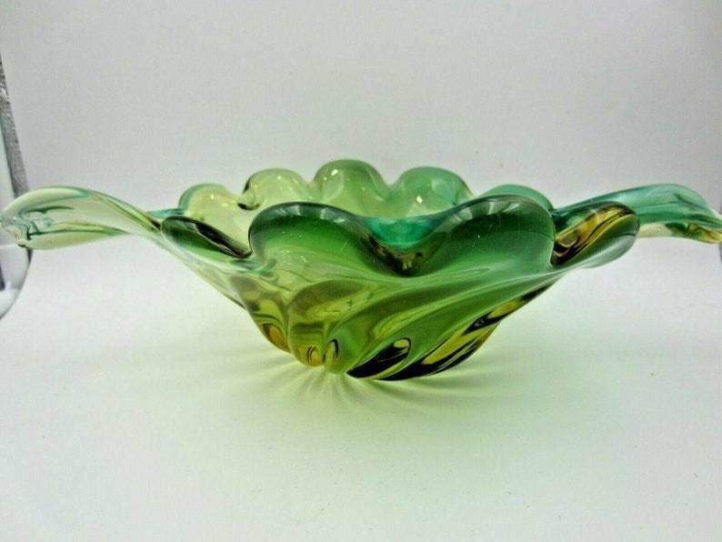 Murano Mid Century Green Opaline And Amber Leaf Bowl Barovier And Toso Italy photo 88.0