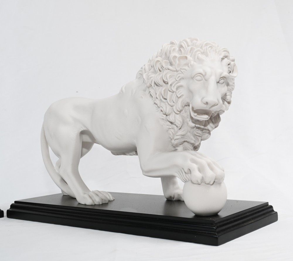 Pair Italian Lions Stone Medici Paw Ball Cats Statues photo Art