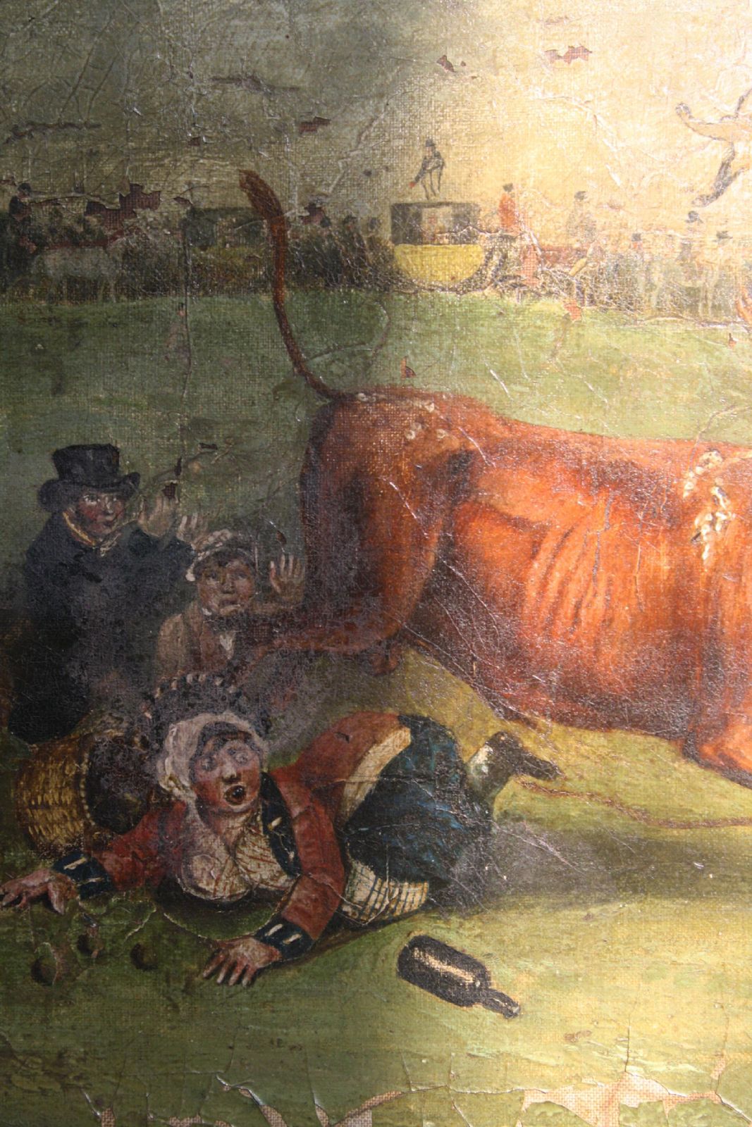 photo for sale Late Naive English School "Bull Broke Loose" Bull Baiting Oil On Canvas