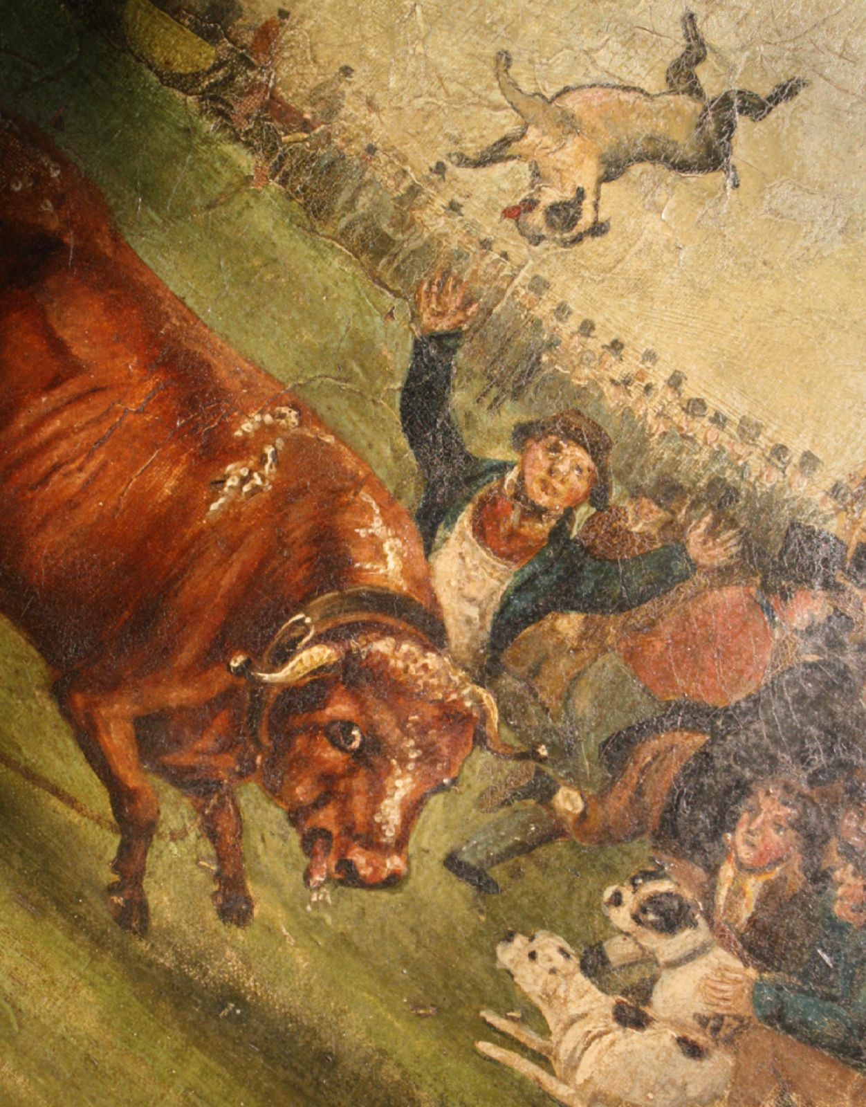 1200.0 Late Naive English School "Bull Broke Loose" Bull Baiting Oil On Canvas photo