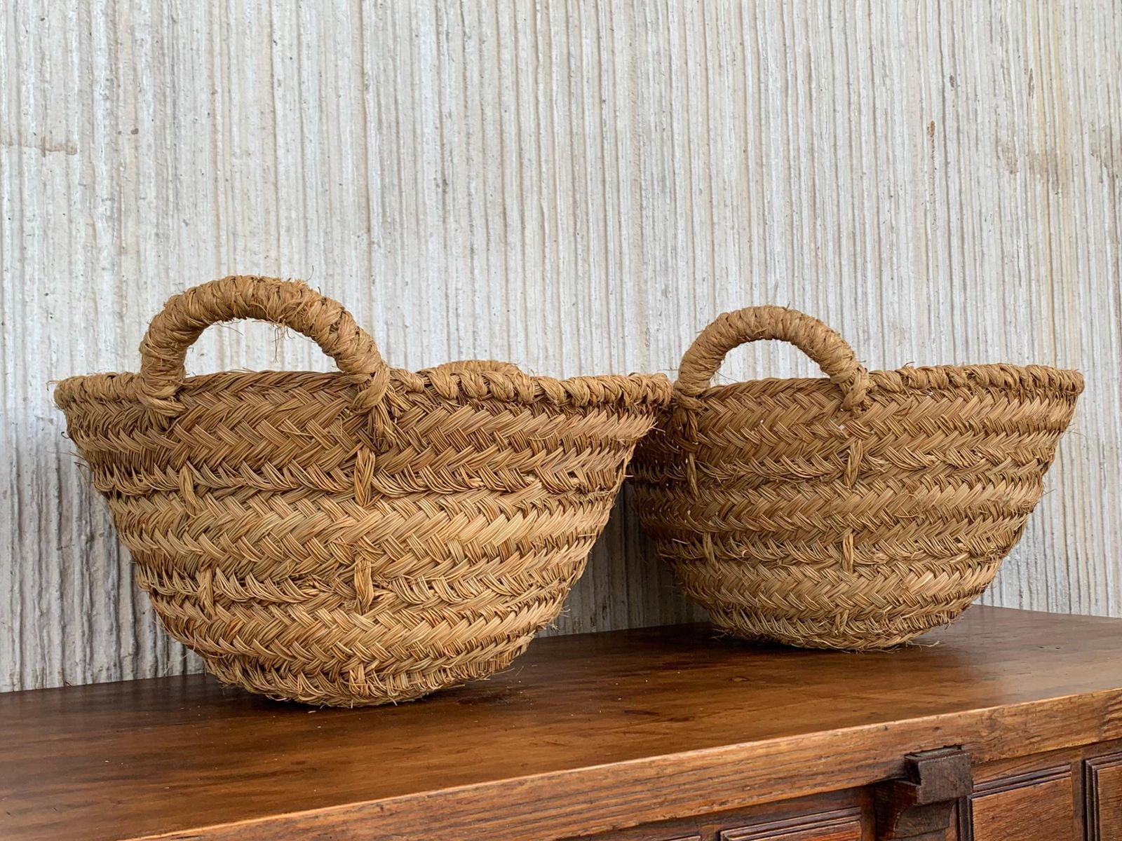 502.0 Set Of 2 Spanish Woven Wicker Olive Grape Harvest Basket photo