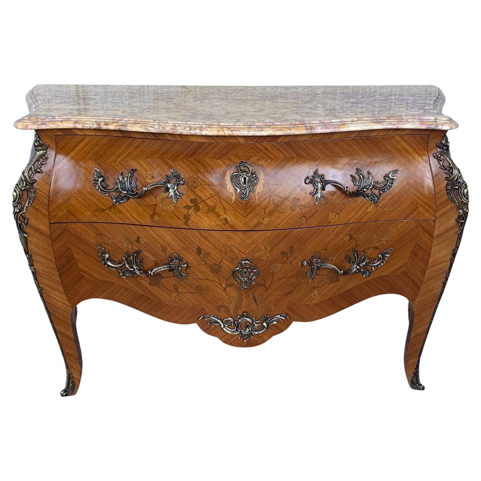 French Louis XV Style Fine Kingwood And Marquetry Ormolu Mounted Bombe Commode