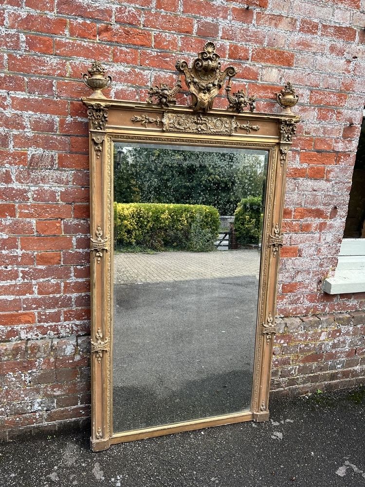 An Exceptional Large Antique French 19th Century Carved Wood & Gesso Original Gilt & Painted Mirror