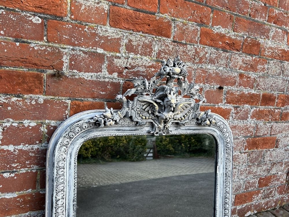 A Wonderful Highly Useful Size Antique French 19th Century Carved Wood & Gesso Arched Top Painted Mirror photo 695.0