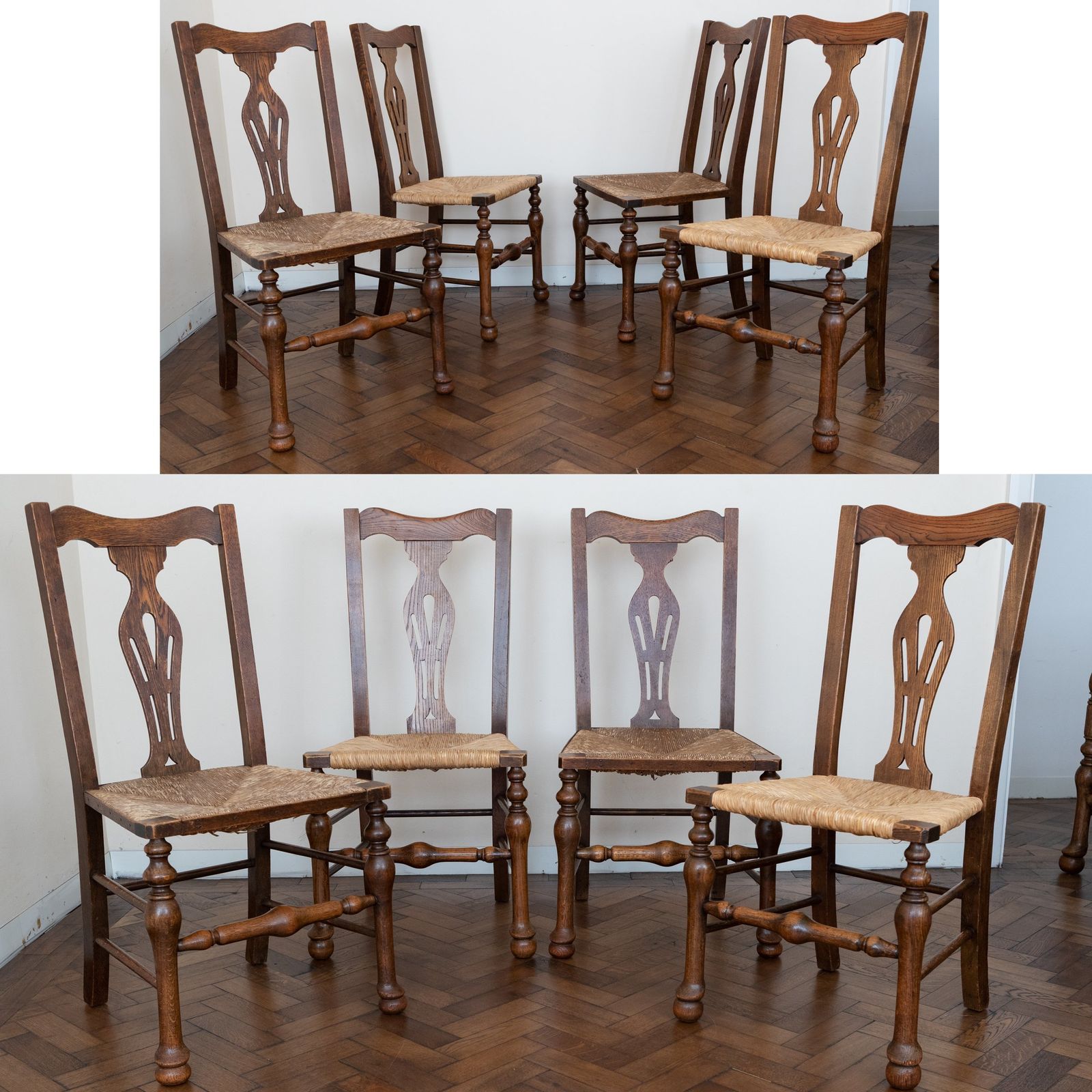 Set Of 10 Antique Carver Arm Chairs With Rush Seats photo vinterior