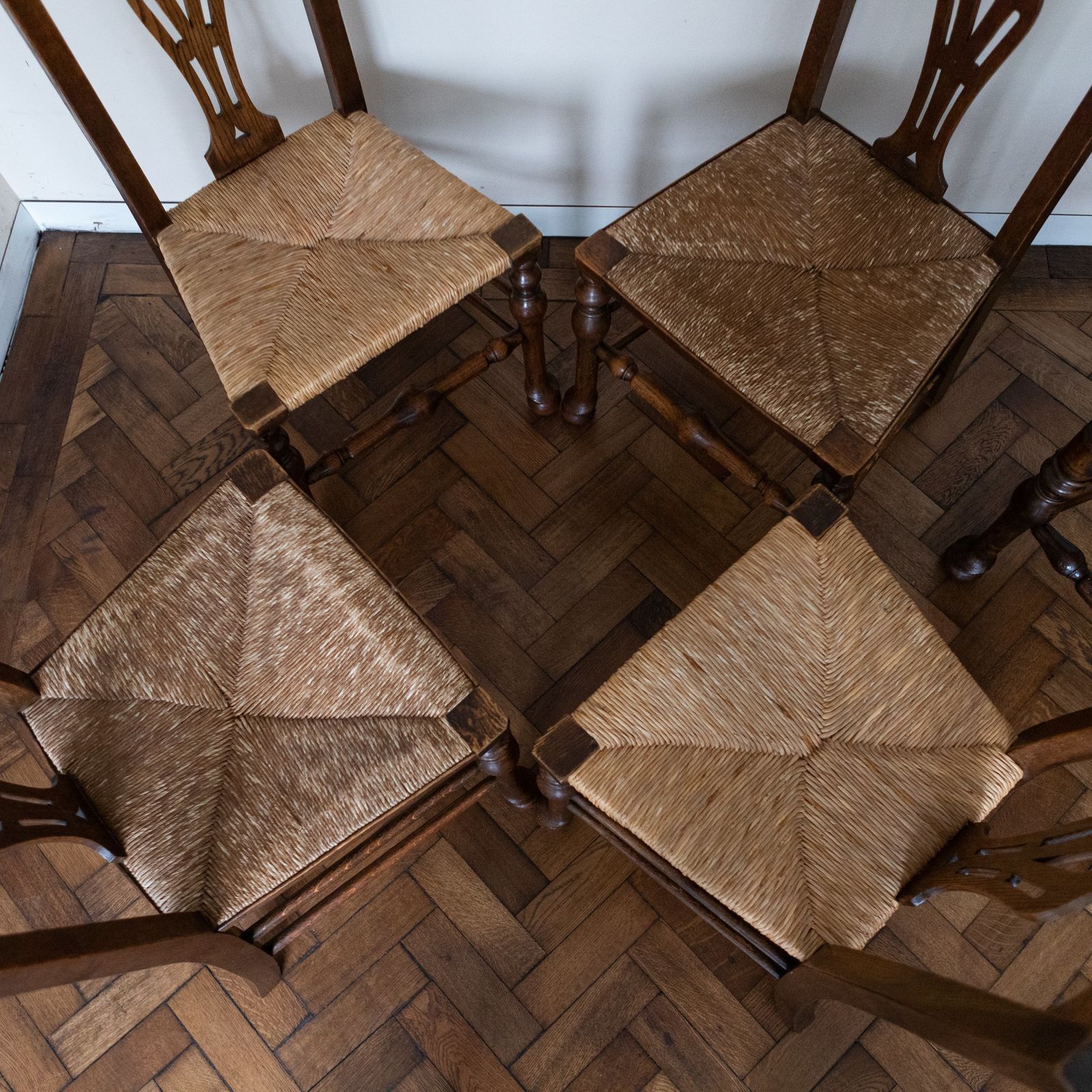 photo buy Set Of 10 Antique Carver Arm Chairs With Rush Seats