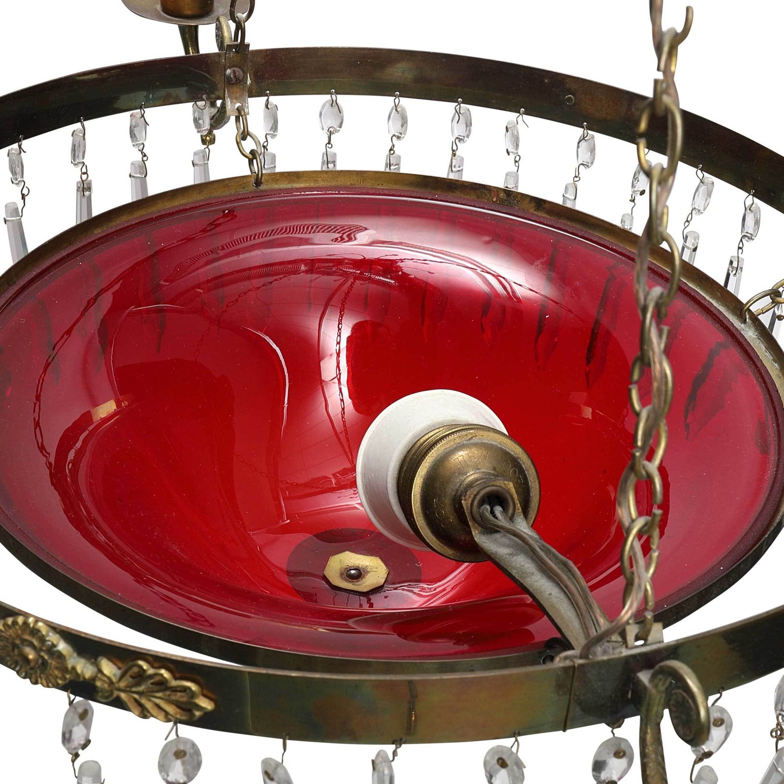 Antique 4 Arm Crystal Empire Chandelier With Red Glass 1900's photo Lighting