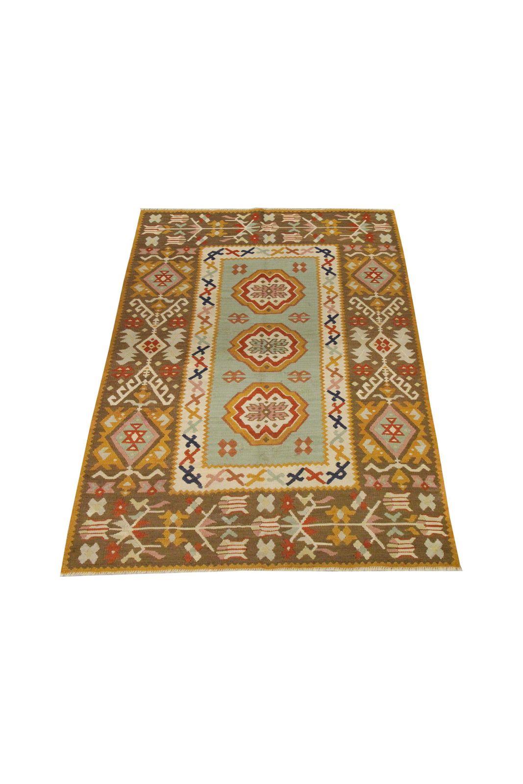 Geometric Kilim Antique Rug Turkish Pirot Handwoven Mustard Kilim Rug photo furniture