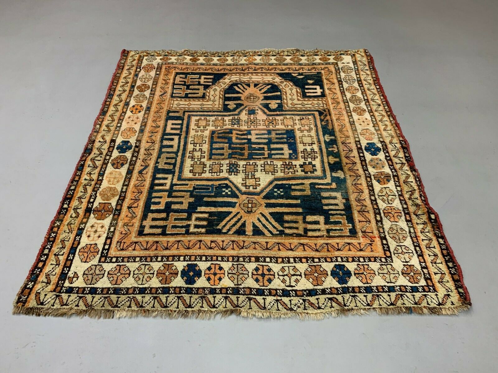 Antique Dagestan Kazak Rug 124x114 Cm Caucasian, Gold, Blue, Rust Square Mediu photo for sale