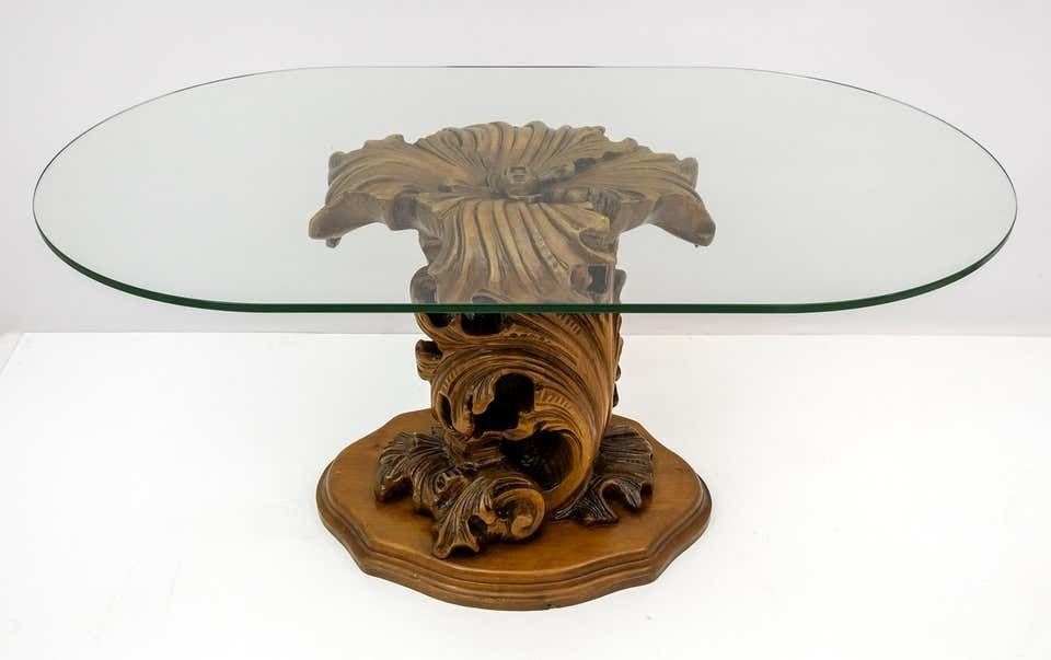 Mid Century Modern Italian Carved Wood Base Large Curls And Leaves Coffee Table photo furniture