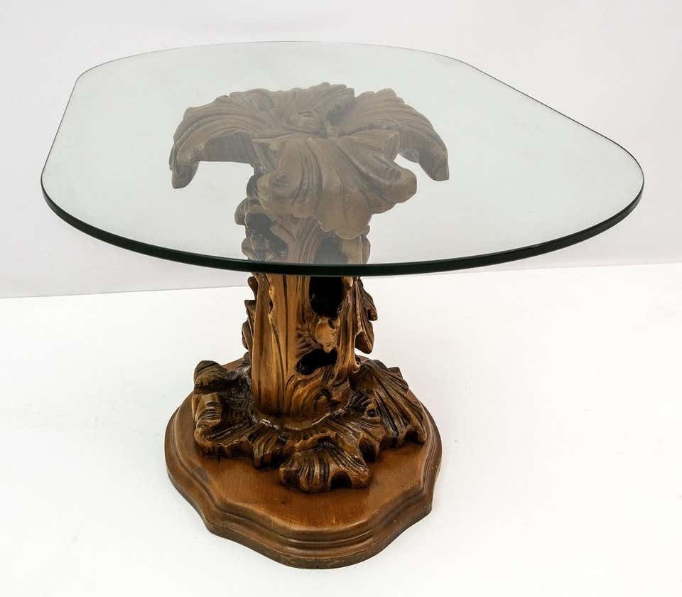Mid Century Modern Italian Carved Wood Base Large Curls And Leaves Coffee Table photo Furniture