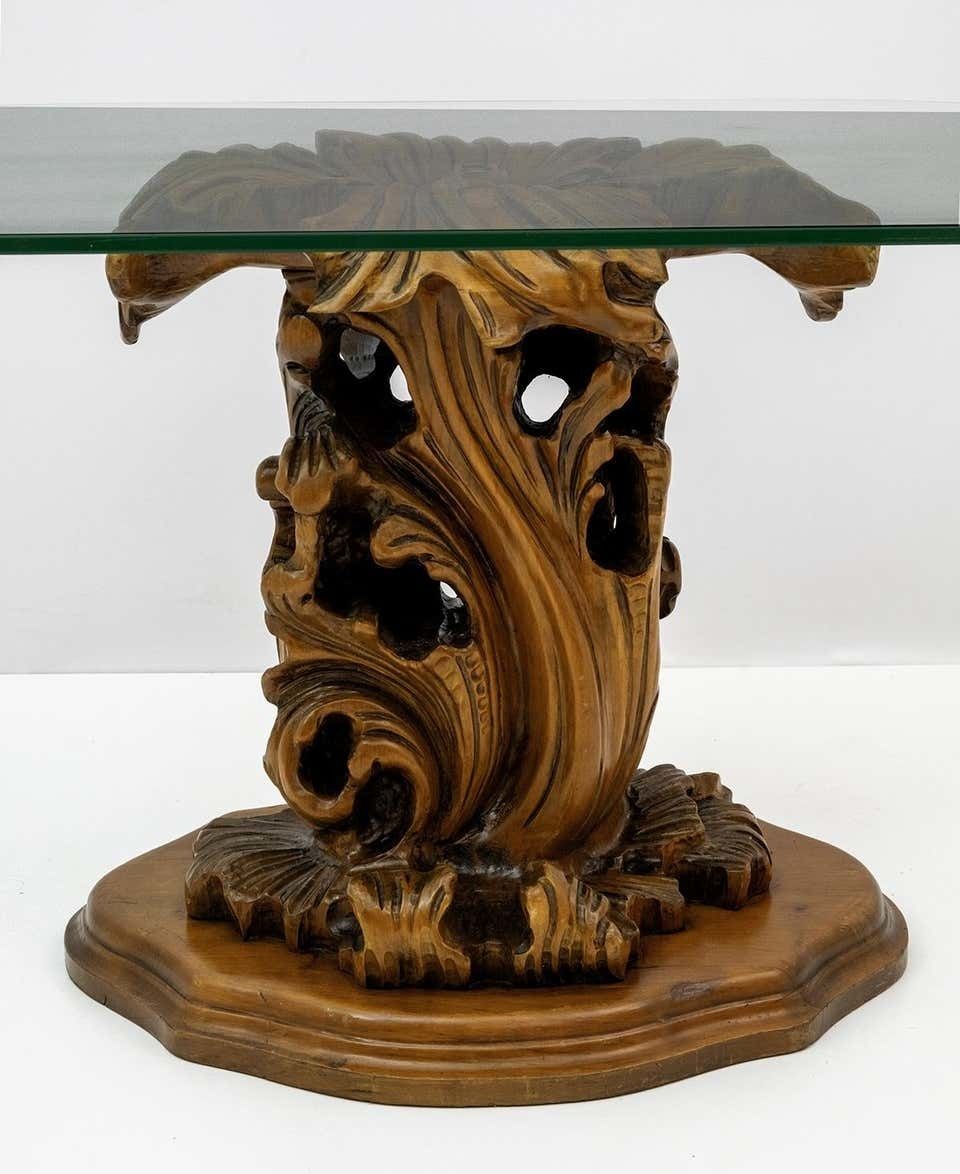Mid Century Modern Italian Carved Wood Base Large Curls And Leaves Coffee Table photo buy