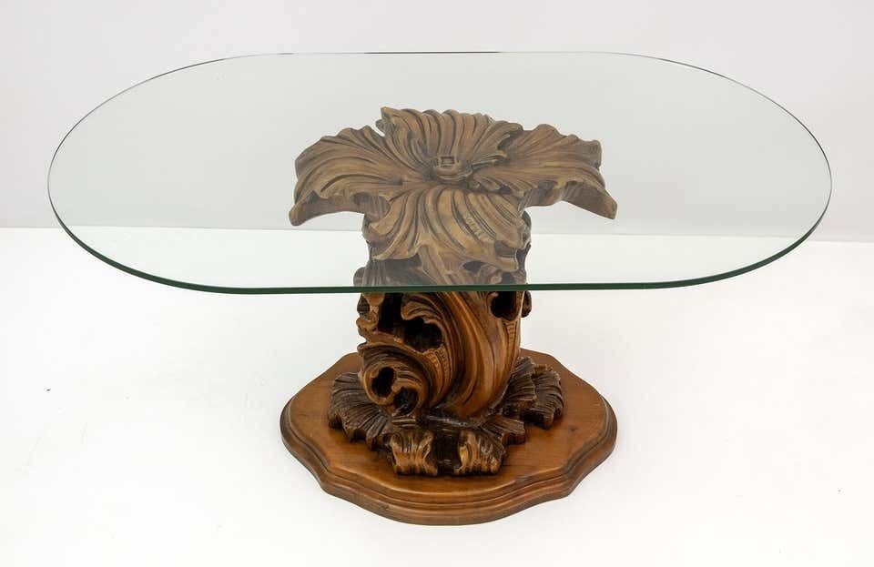 photo furniture Mid Century Modern Italian Carved Wood Base Large Curls And Leaves Coffee Table