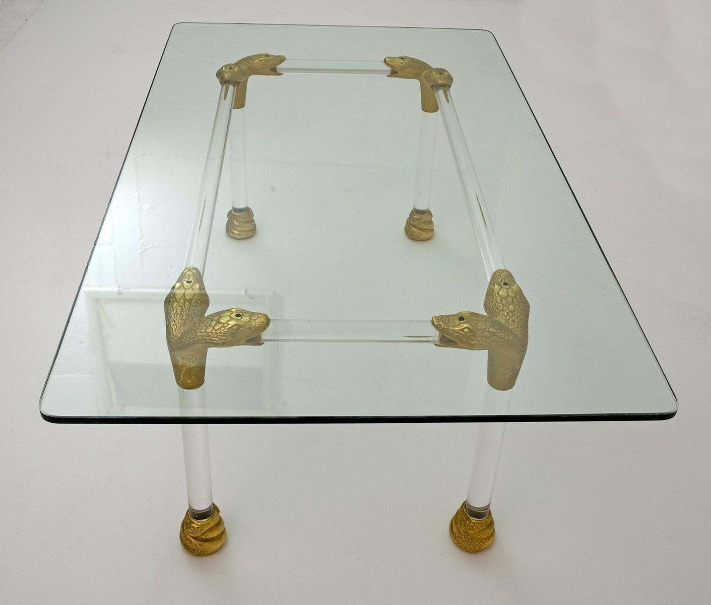 Mid Century Lucite And Brass Italian Coffee Table With Snake Head Details, 1970s photo 1358.0