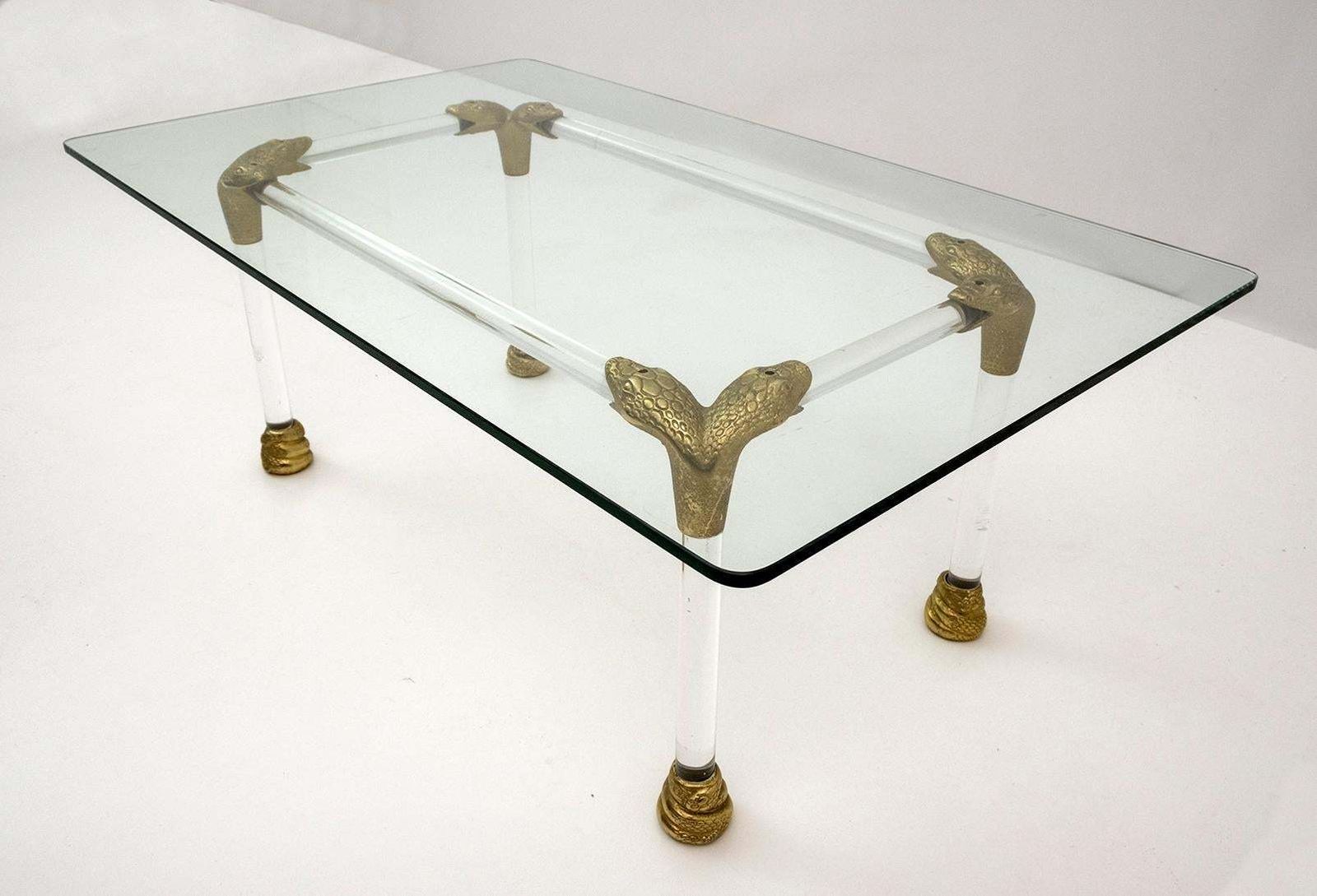 Mid Century Lucite And Brass Italian Coffee Table With Snake Head Details, 1970s photo vinterior