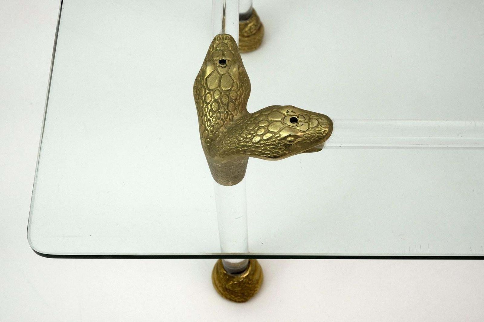 Mid Century Lucite And Brass Italian Coffee Table With Snake Head Details, 1970s photo buy