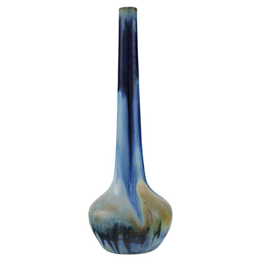 Gentil Sourdet, France, Long Necked Vase In Glazed Stoneware, Mid 20th C