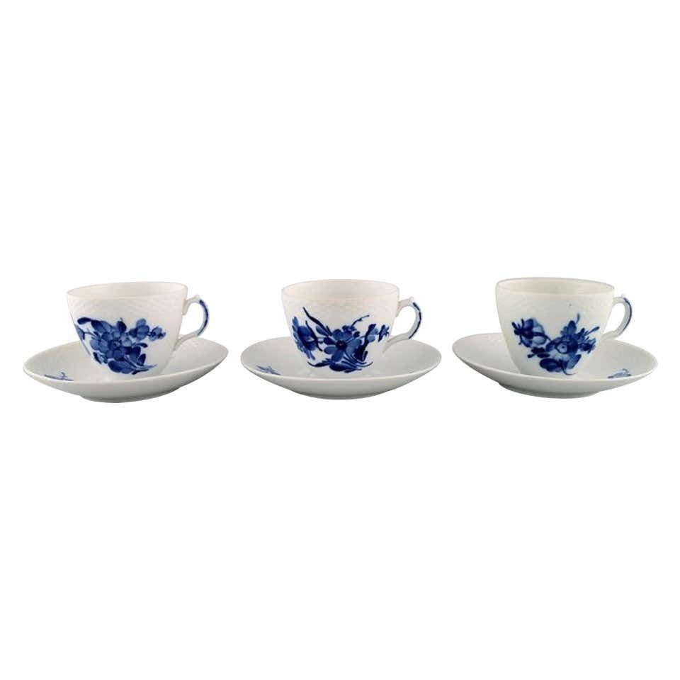 Three Royal Copenhagen Blue Flower Braided Coffee Cups With Saucers, 1950s