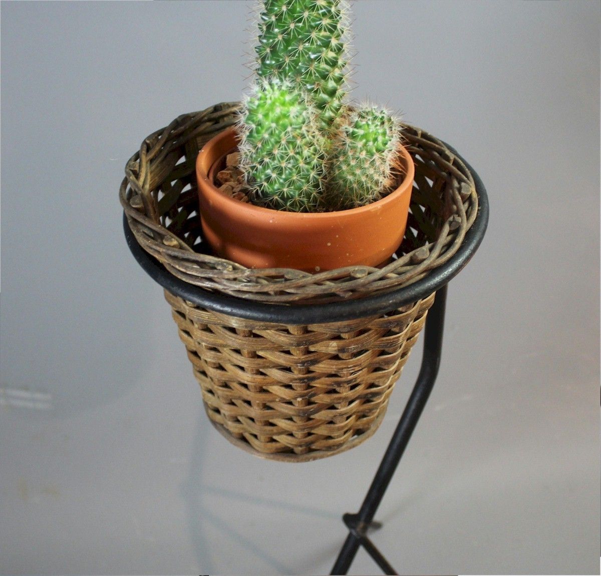 Mid Century French Wicker Planter On Iron Stand photo furniture
