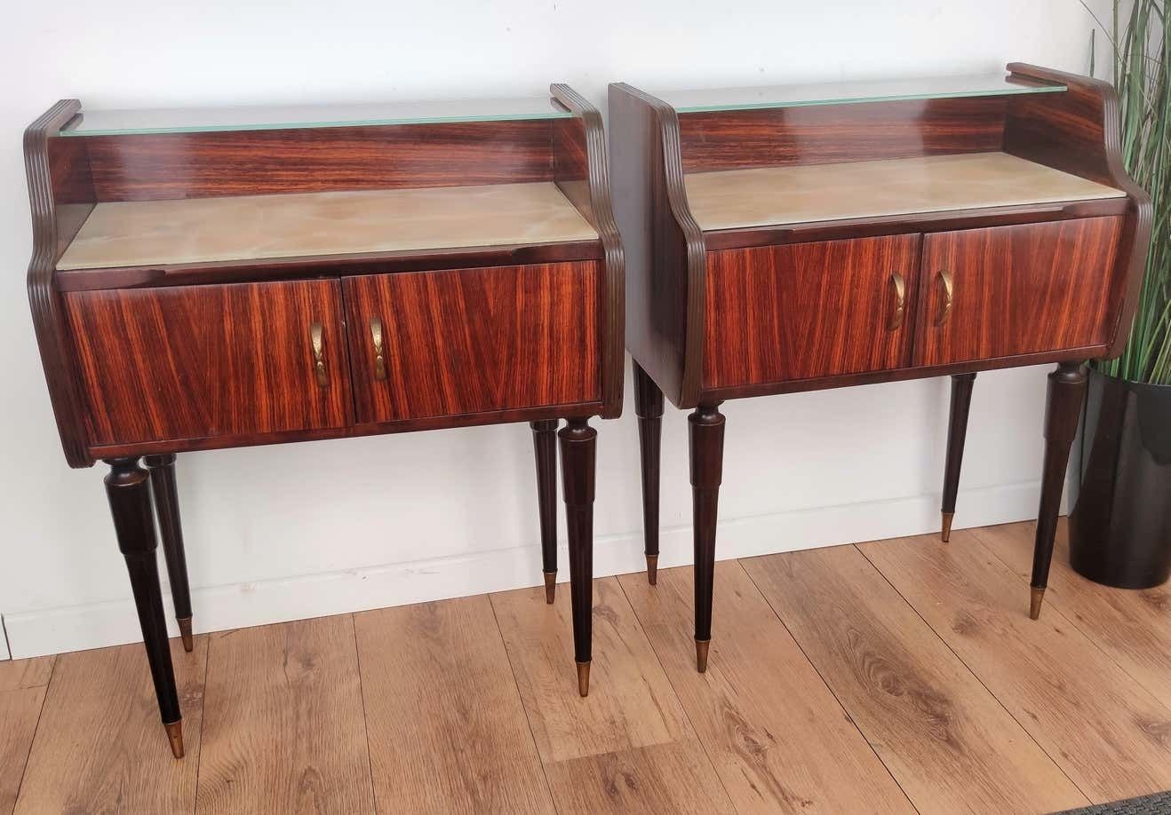 Italian Midcentury Art Deco Nightstands Bed Side Tables Wood Brass & Glass photo furniture