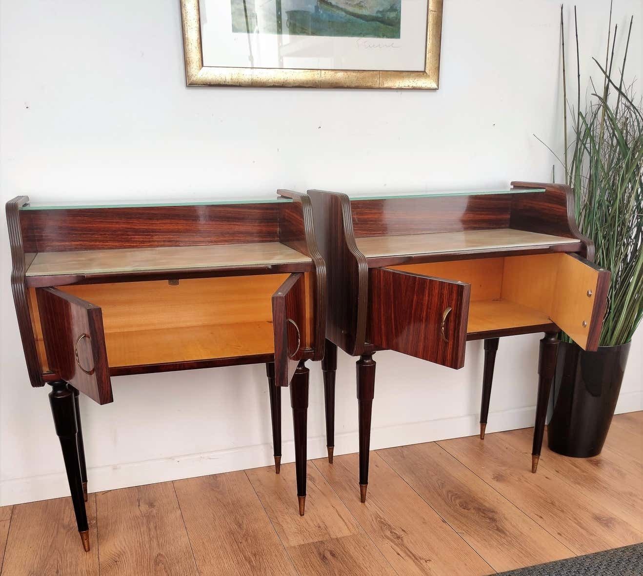 Italian Midcentury Art Deco Nightstands Bed Side Tables Wood Brass & Glass photo vinterior