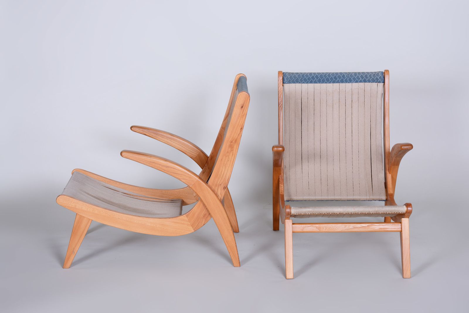 Pair Of Blue Mid Century Armchairs, Designed By Jan Vaněk In The 1950s. Ash. photo furniture