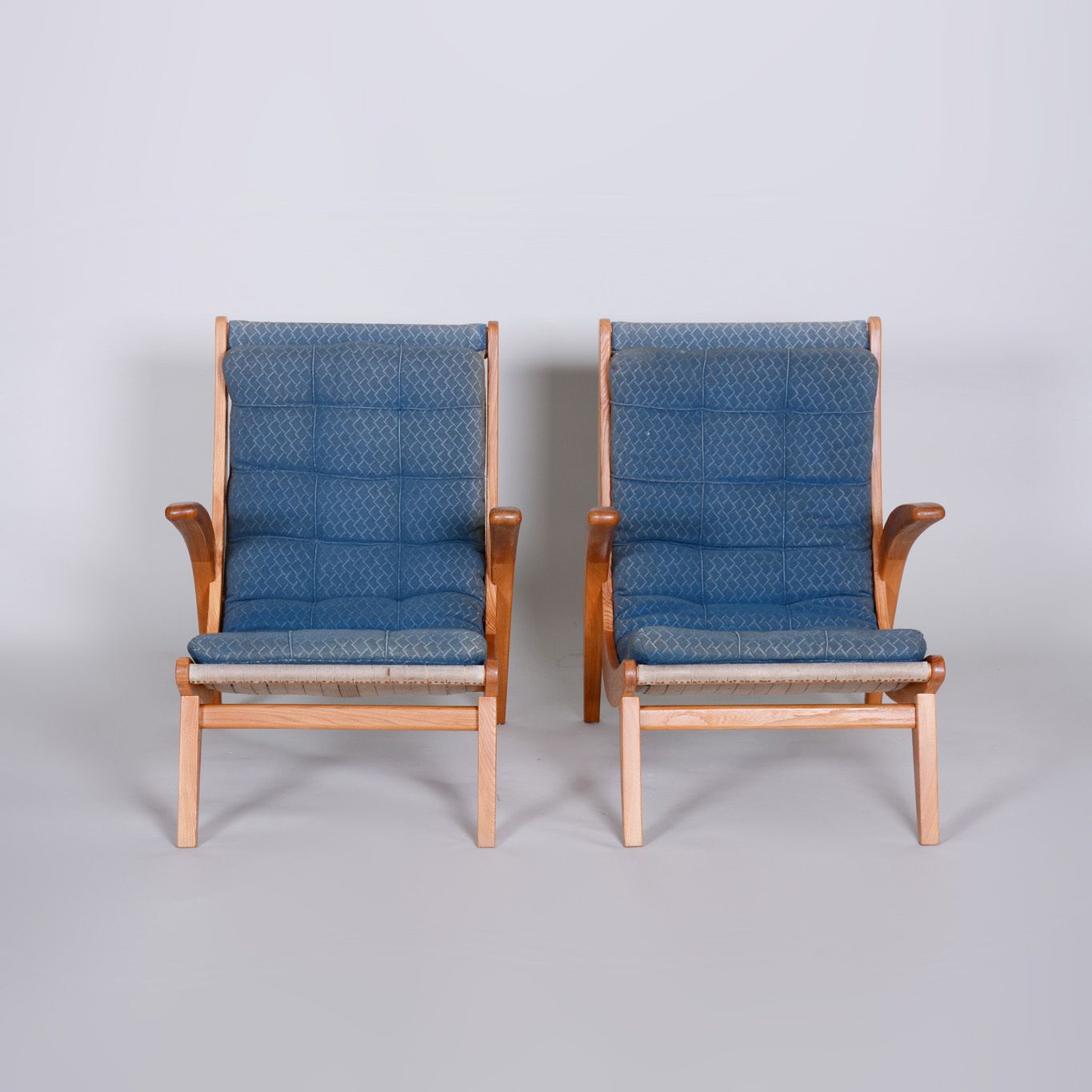 Pair Of Blue Mid Century Armchairs, Designed By Jan Vaněk In The 1950s. Ash. photo Furniture