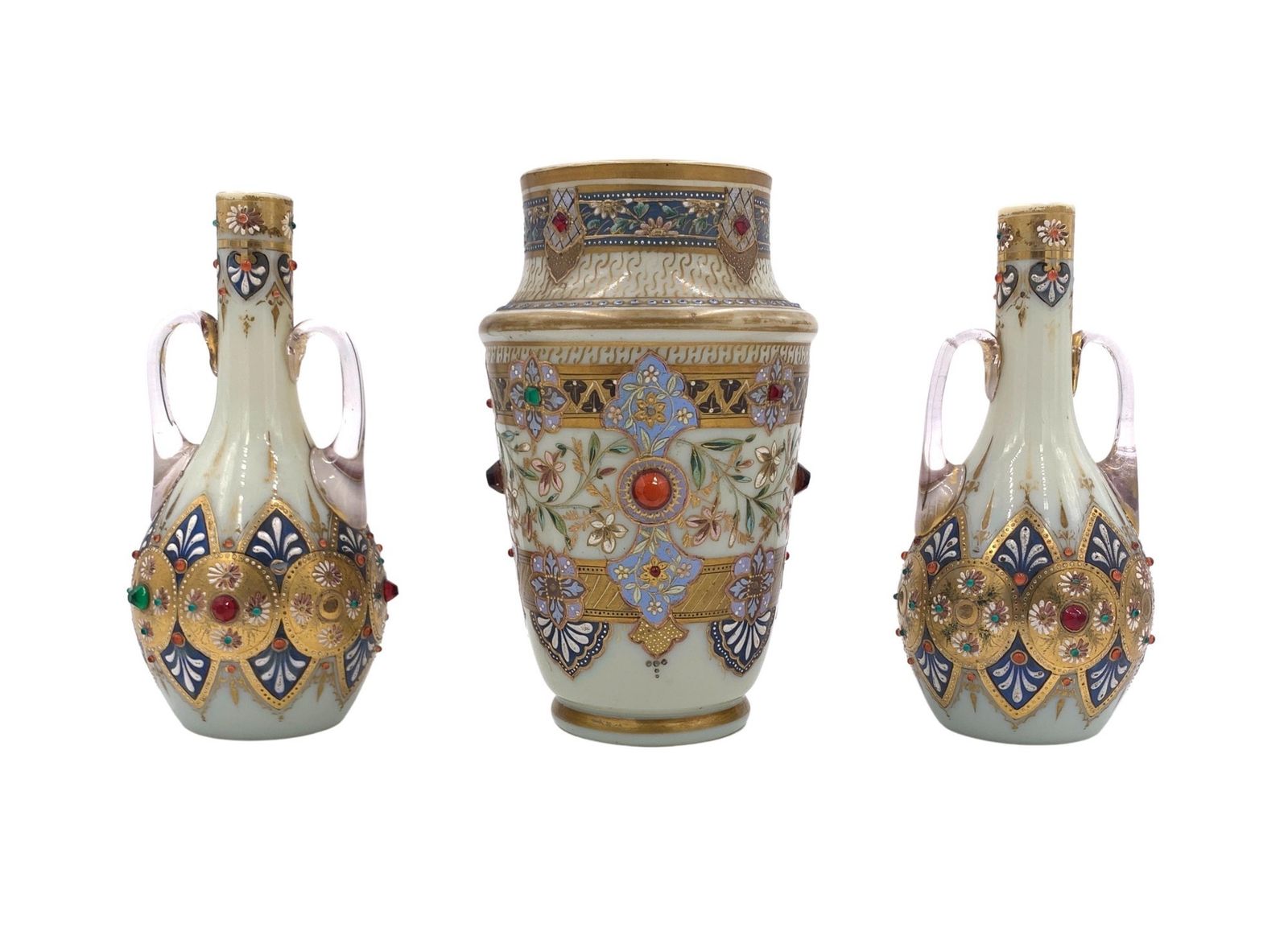 Set Of Three Jewelled Bohemian Opaline Vases, 19th Century