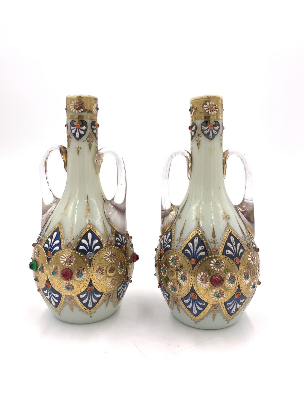 Set Of Three Jewelled Bohemian Opaline Vases, 19th Century photo vinterior