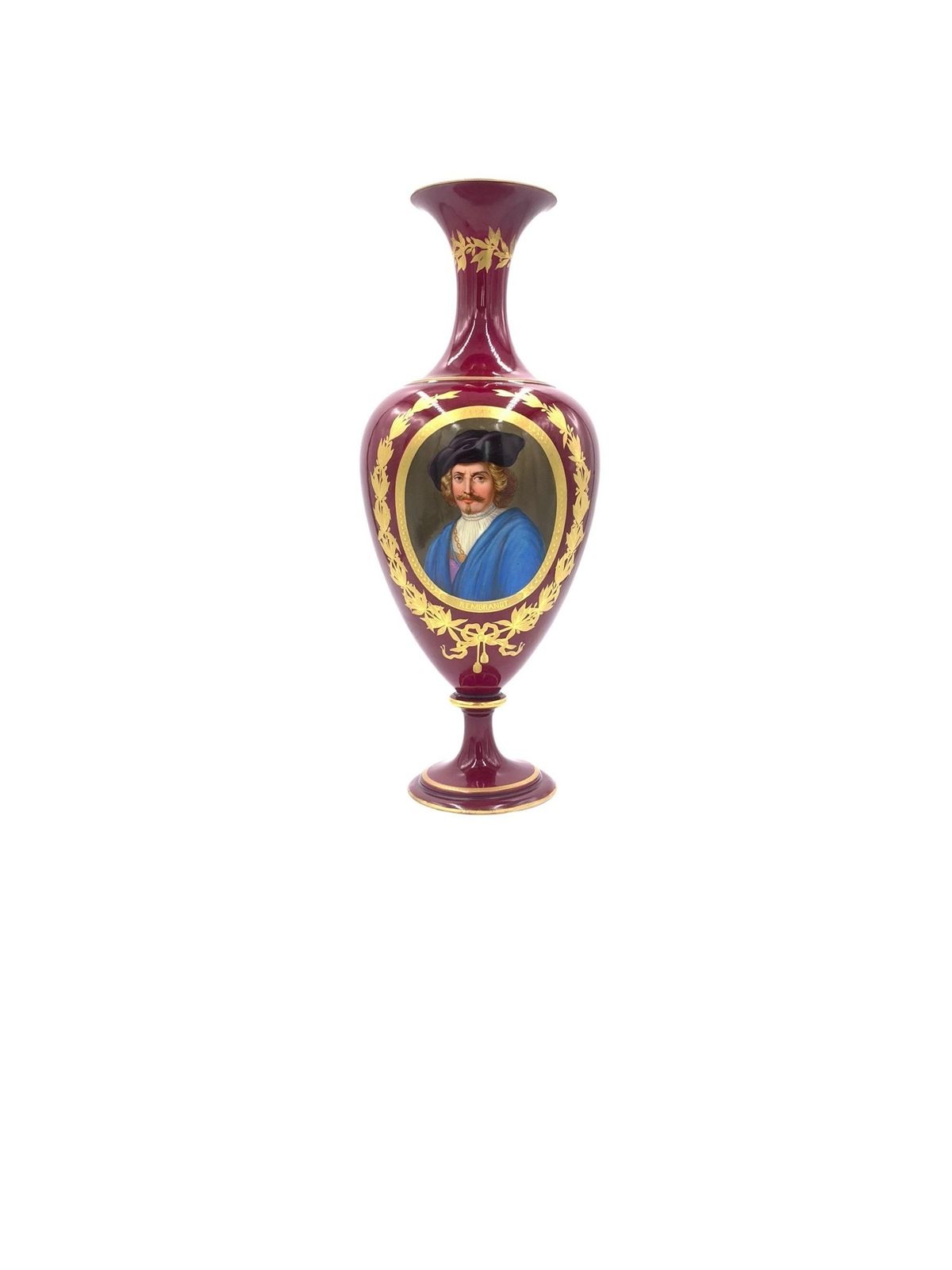 Rembrandt Van Rijn Portrait On Old Vienna Porcelain Vase, 19th Century
