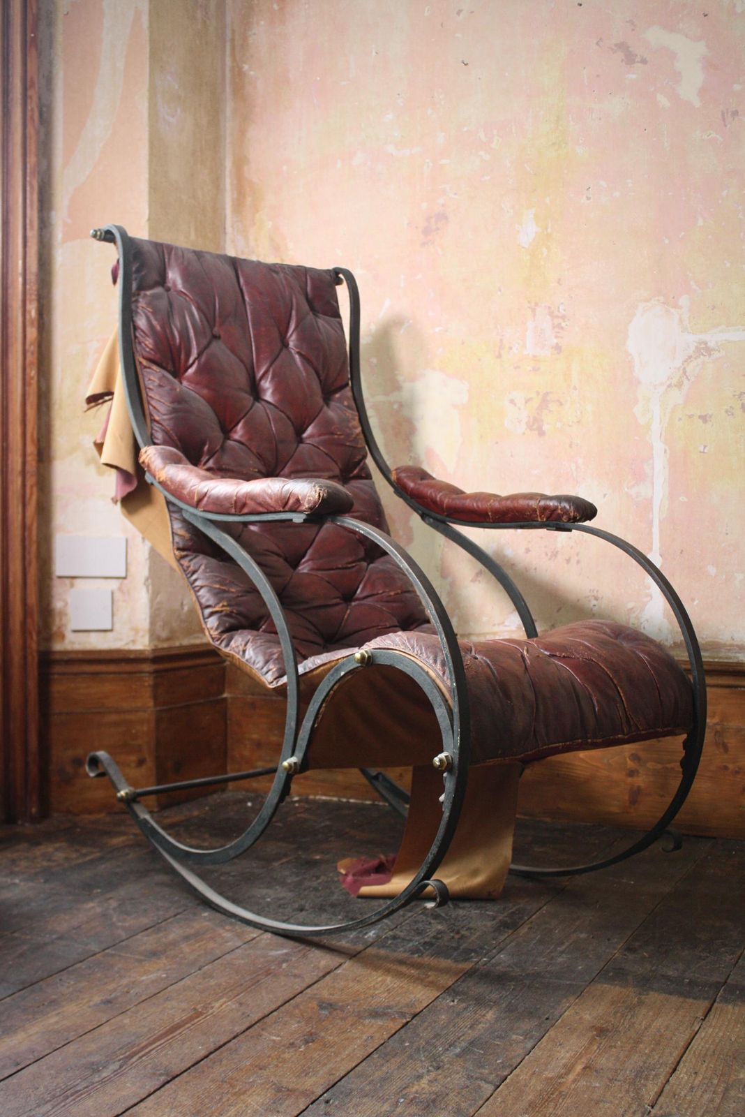 4495.0 19th C Country House Campaign Ox Blood Leather Iron Rocking Chair R.W. Winfield photo