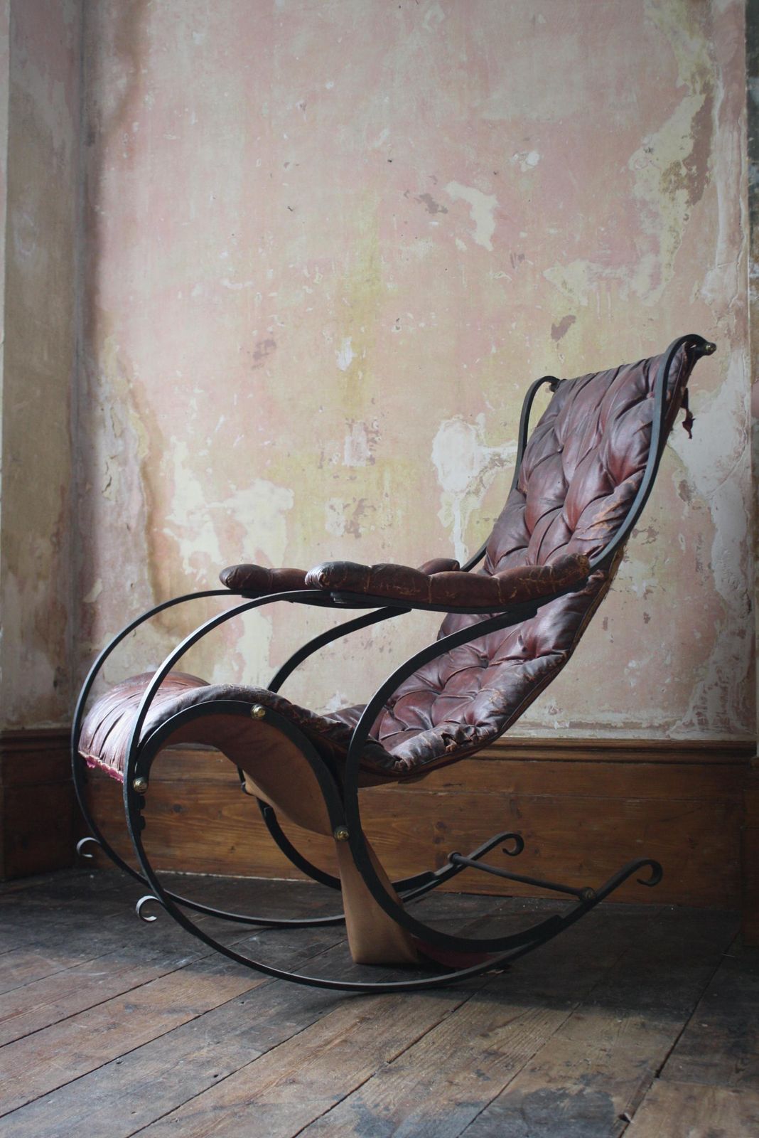 photo buy 19th C Country House Campaign Ox Blood Leather Iron Rocking Chair R.W. Winfield