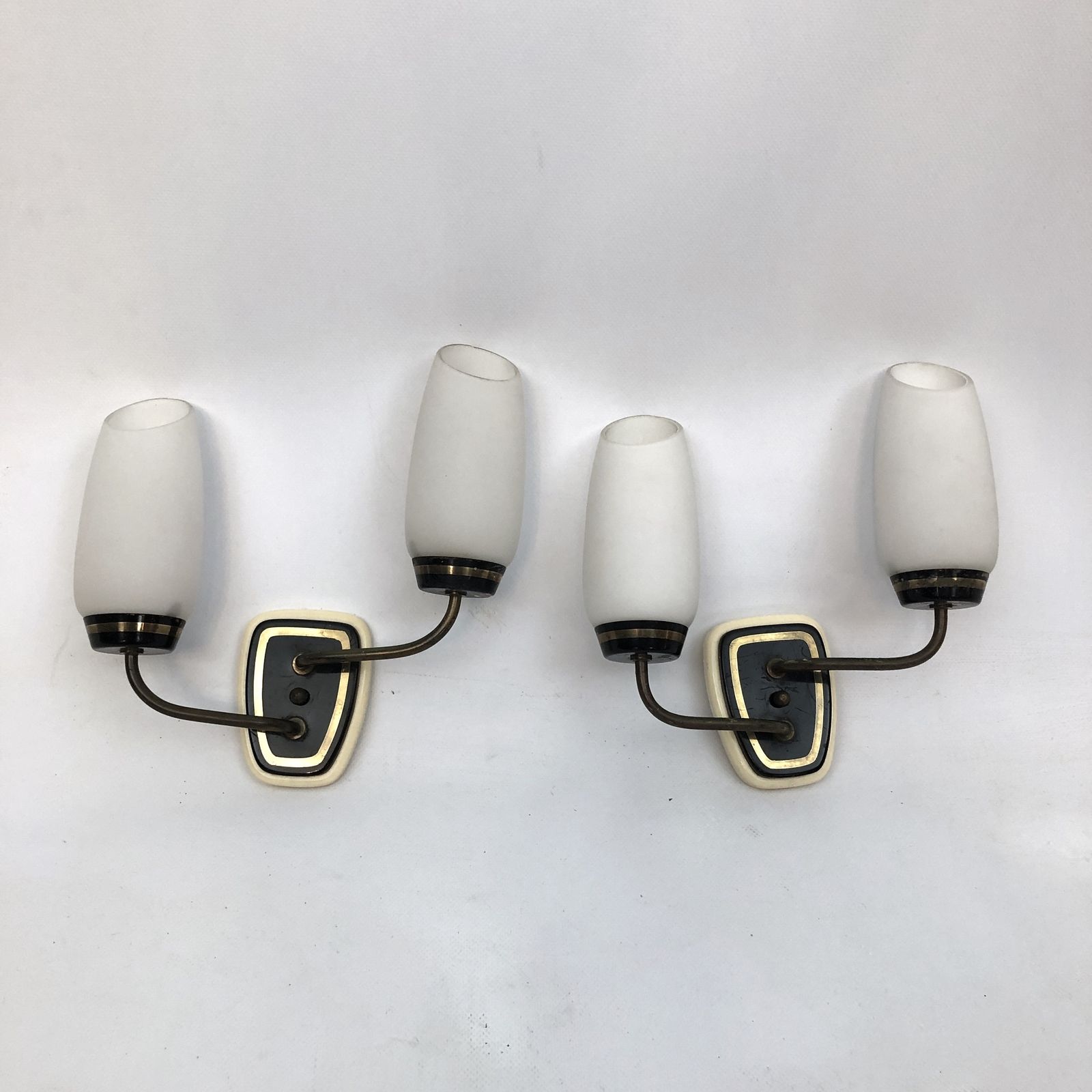 Stilnovo Style, Mid Century Italian Brass And Opaline Glass Sconces. Set Of Two