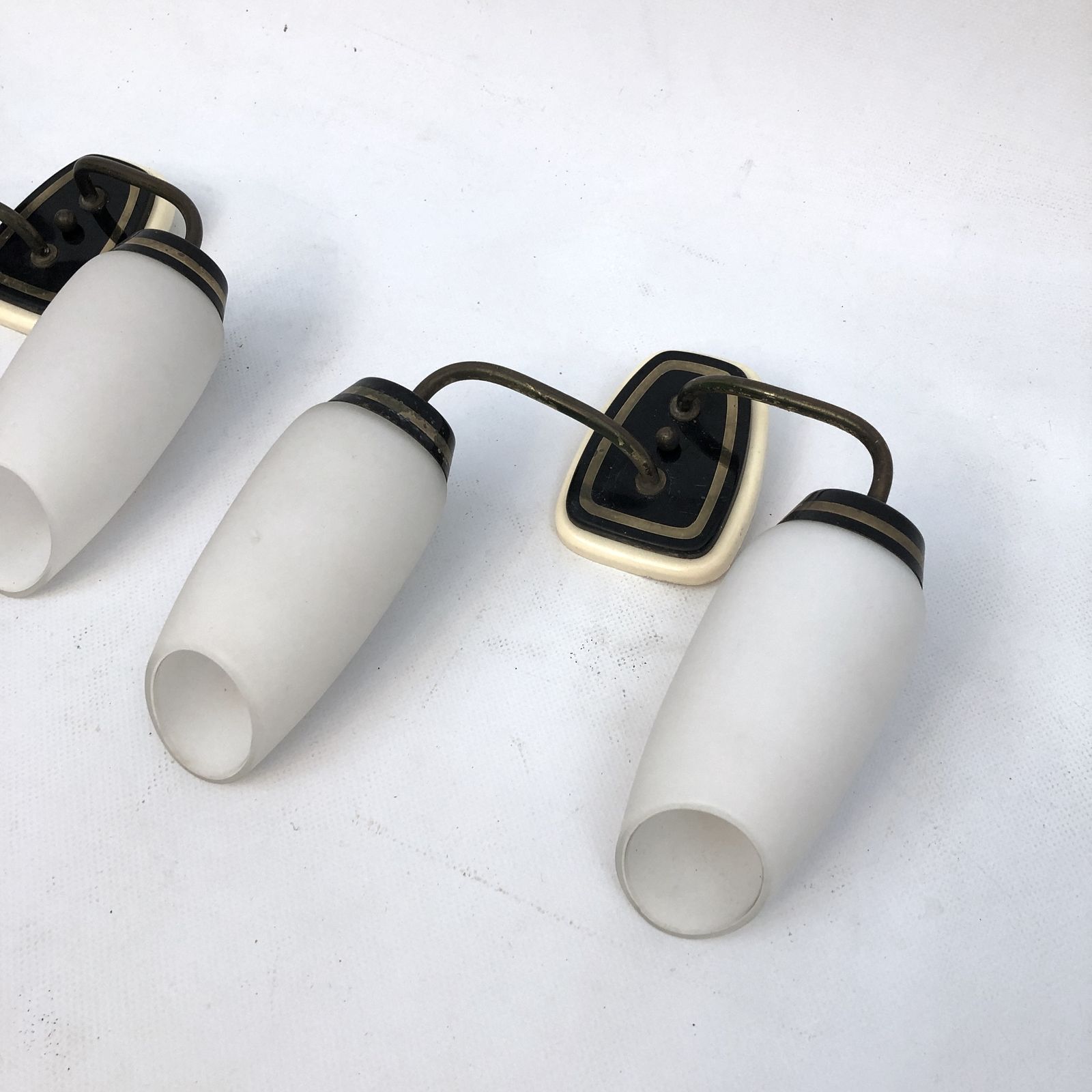 Stilnovo Style, Mid Century Italian Brass And Opaline Glass Sconces. Set Of Two photo 566.8