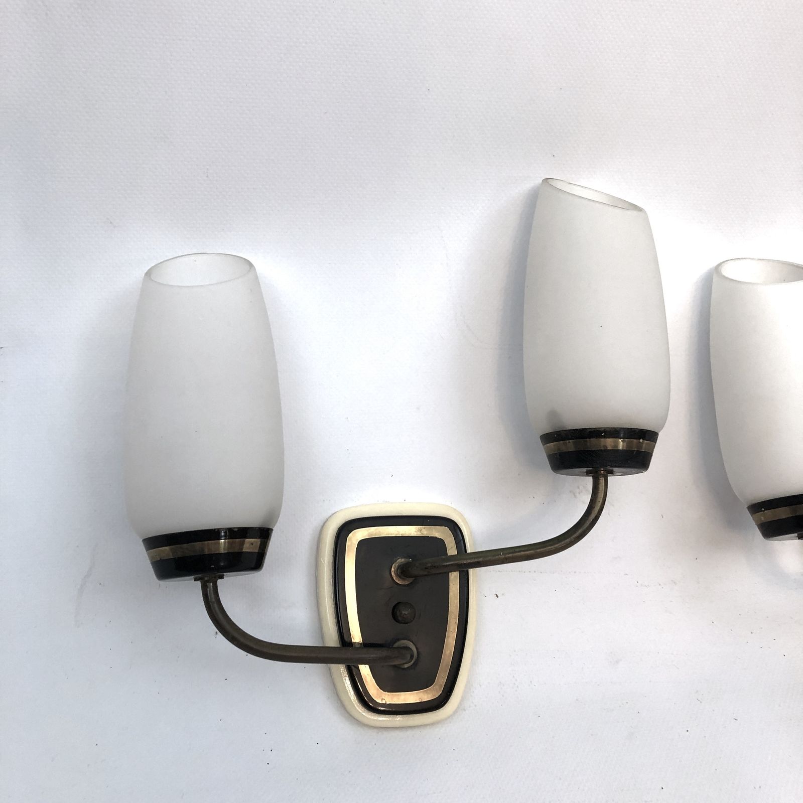 Stilnovo Style, Mid Century Italian Brass And Opaline Glass Sconces. Set Of Two photo vintage