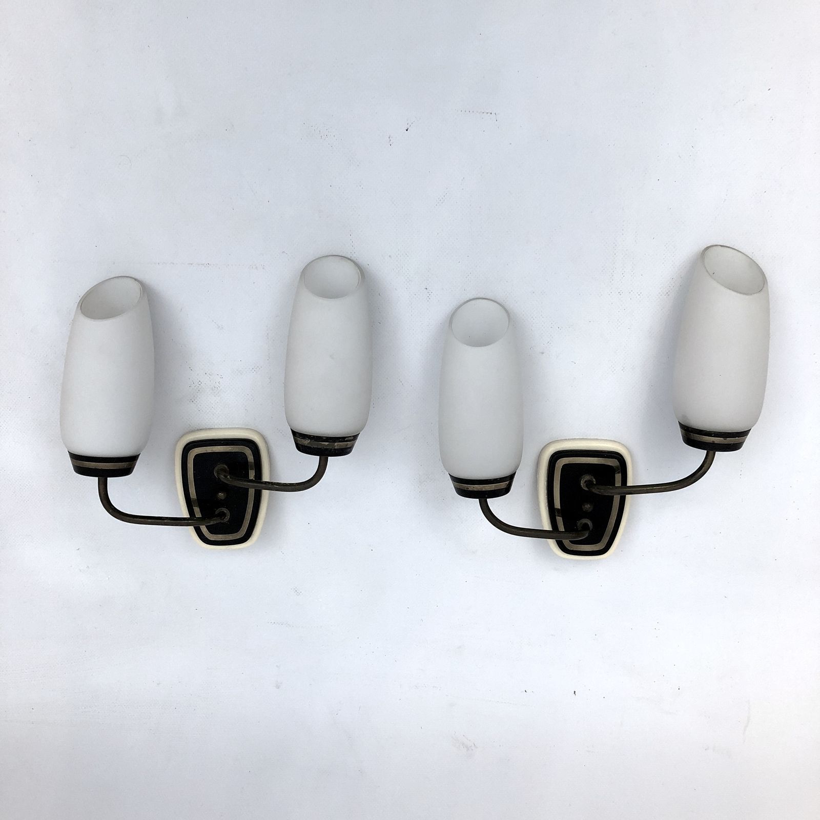photo for sale Stilnovo Style, Mid Century Italian Brass And Opaline Glass Sconces. Set Of Two