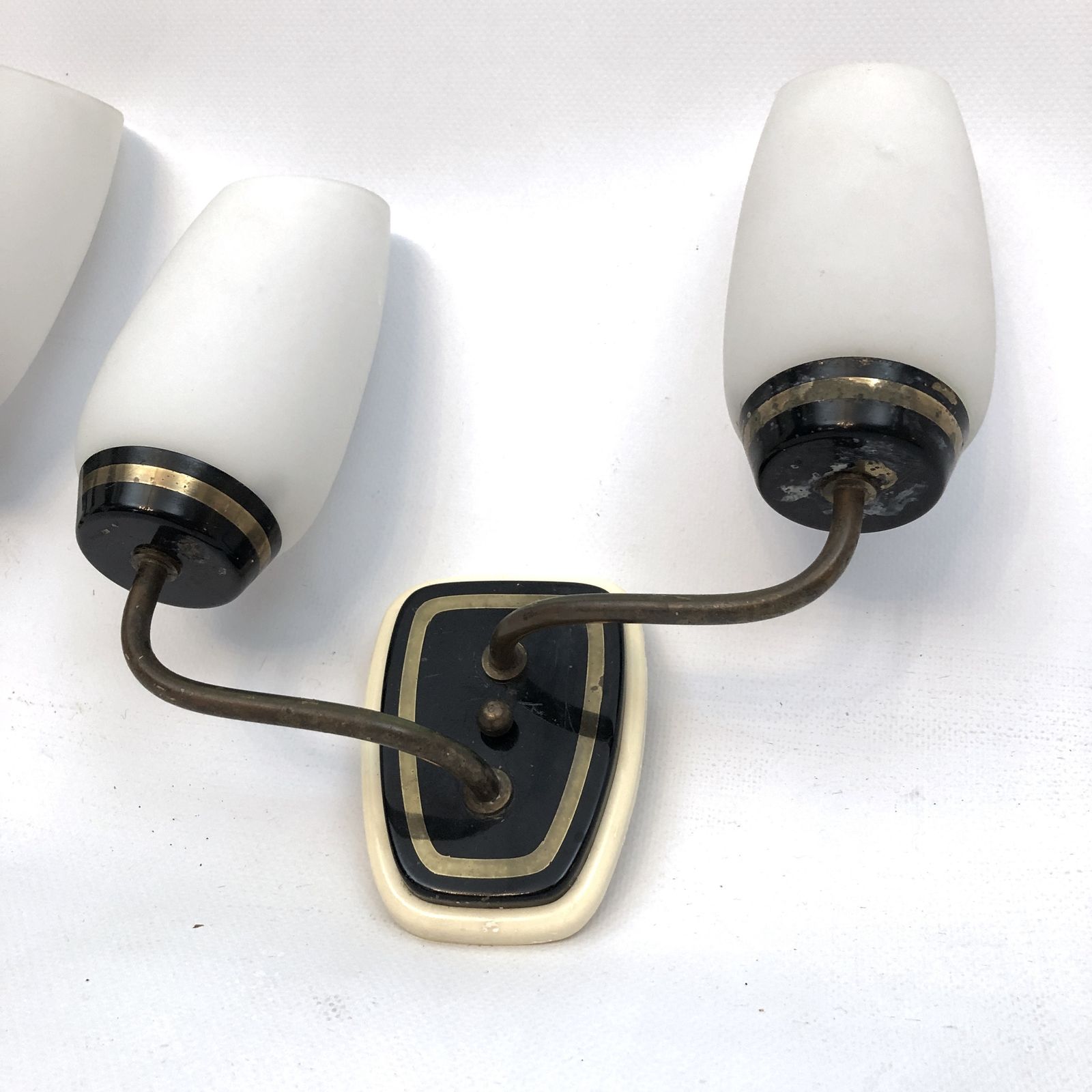 Lighting Stilnovo Style, Mid Century Italian Brass And Opaline Glass Sconces. Set Of Two photo