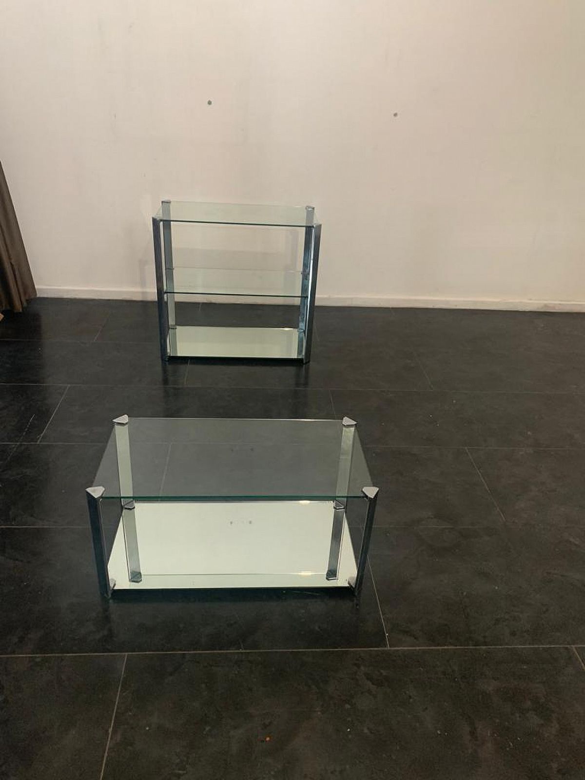 Crystal And Steel Coffee Table And Small Cabinet For Living Room 1970s photo Furniture