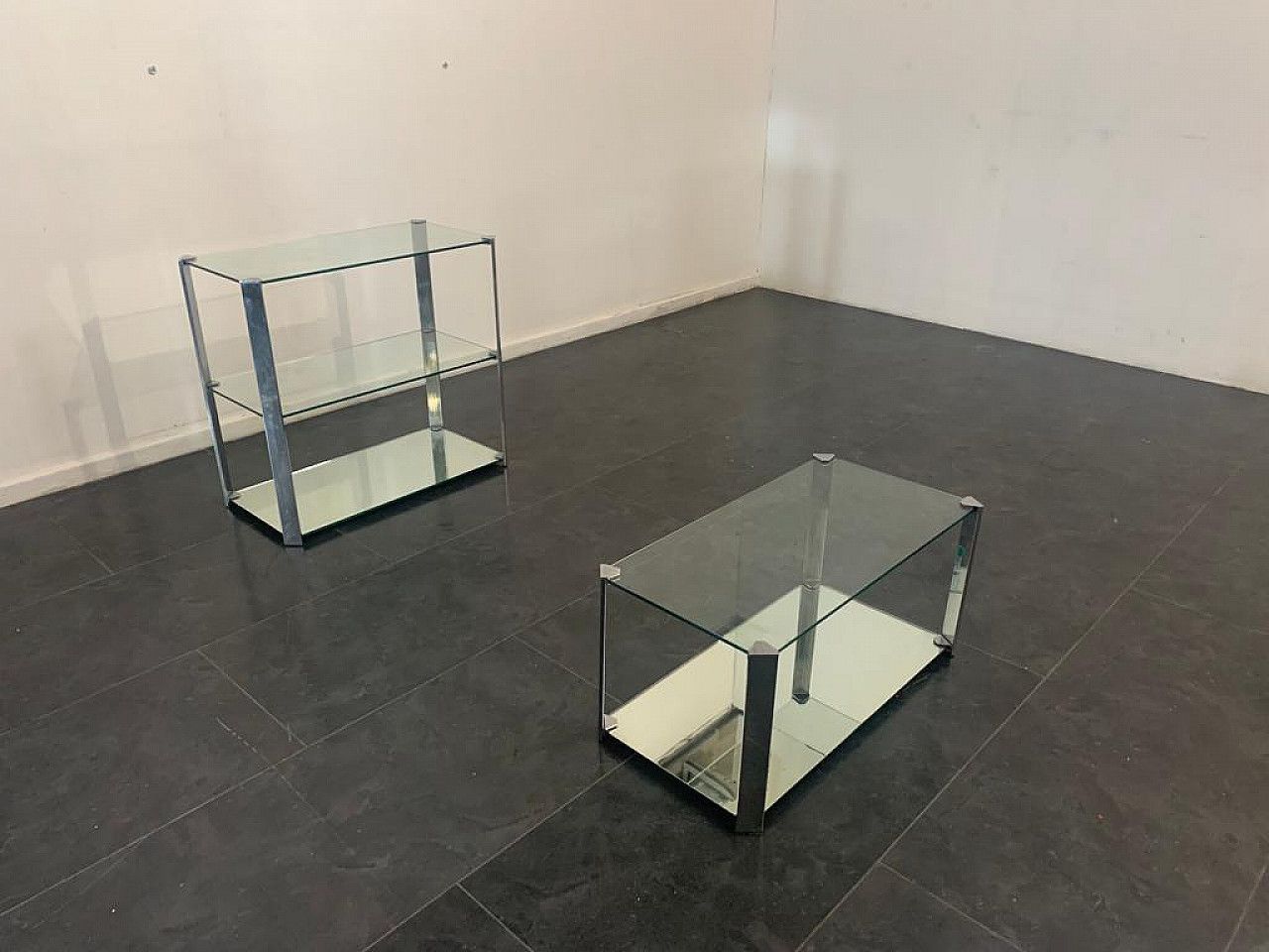 Crystal And Steel Coffee Table And Small Cabinet For Living Room 1970s photo vinterior
