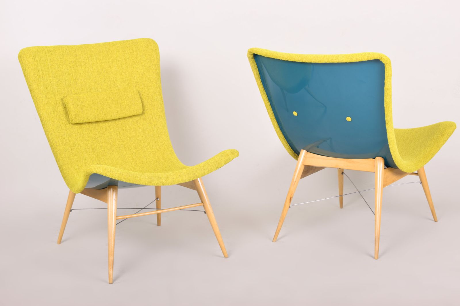 Yellow And Blue Mid Century Armchairs, Made In 1950s Czechia. Fully Restored.