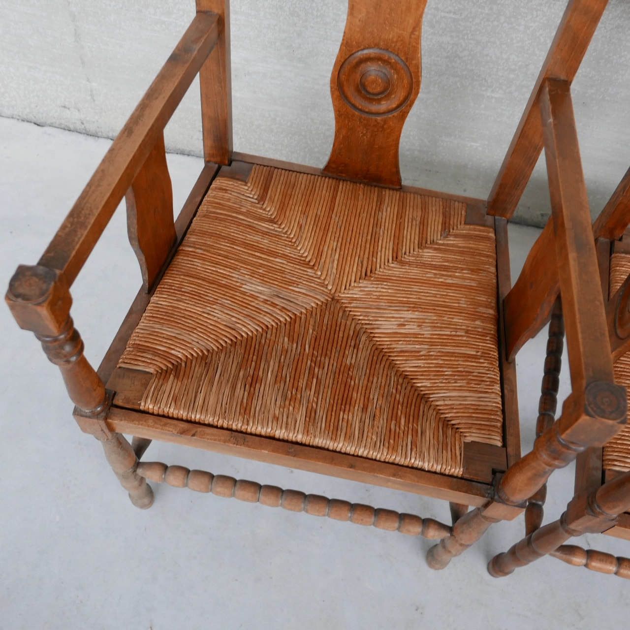 Two Pairs Of French Mid Century Rush Oak Armchairs photo buy