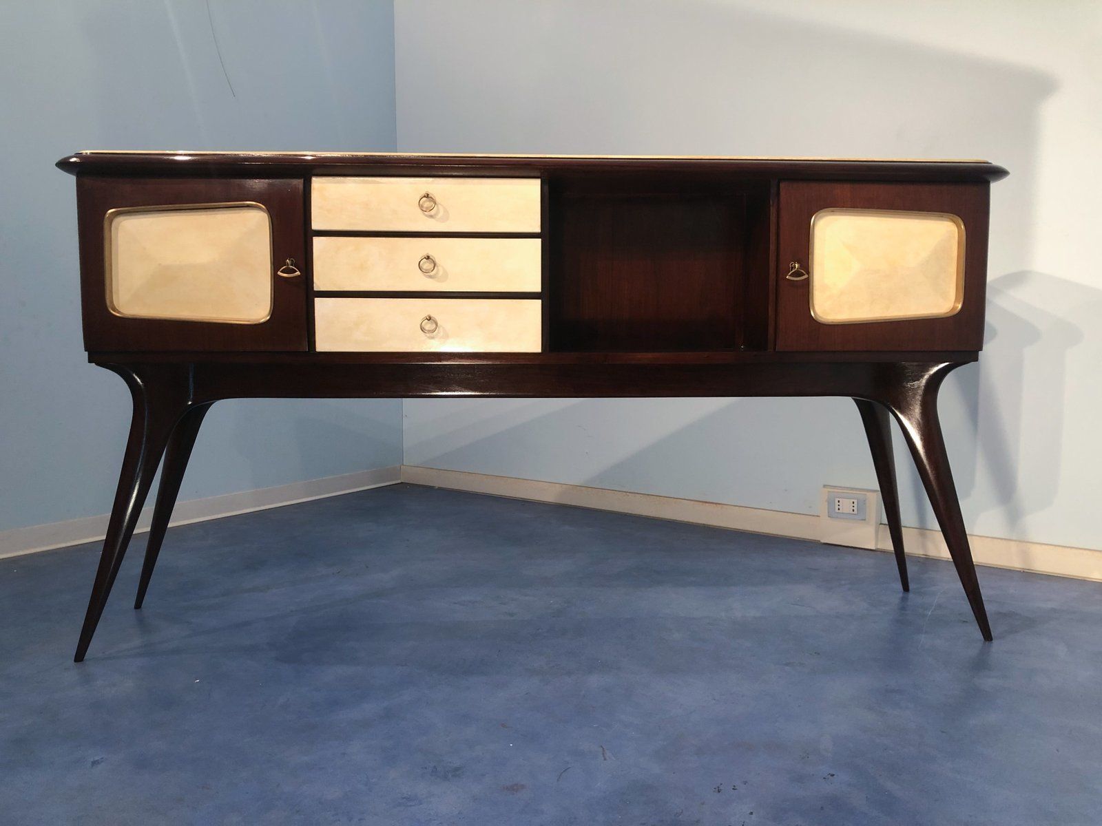Italian Parchment Center Sideboard By Guglielmo Ulrich, 1950s photo furniture