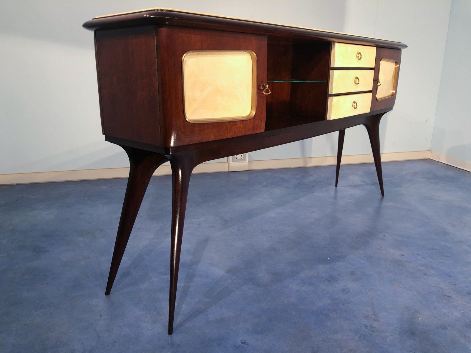 Furniture Italian Parchment Center Sideboard By Guglielmo Ulrich, 1950s photo