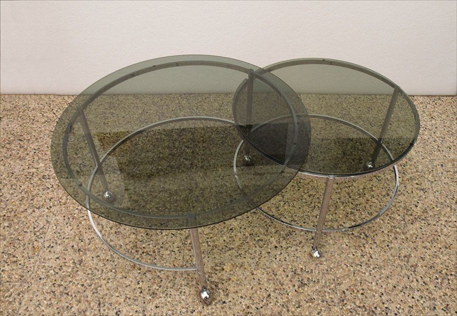 2 Tier Swivel Coffee Table In Chromed Steel And Crystal, 1970s photo Furniture